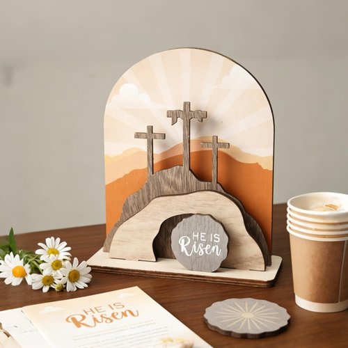 AOMOONOA Wooden Easter Empty Tomb Set, Empty Tomb Easter Scene for Christian Decoration, He is Risen Resurrection Scene for Religious Display, Home Office Tabletop Tray, Church, Shelf Decor