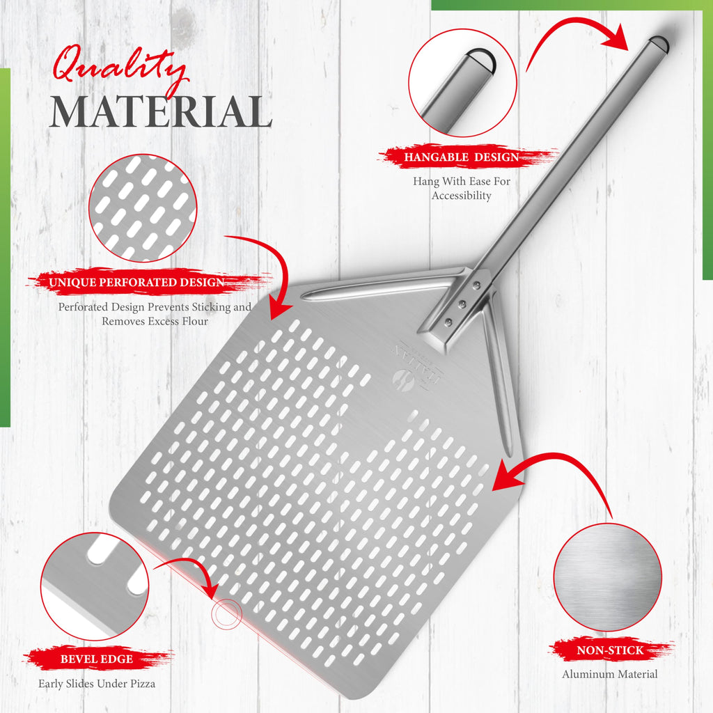 The Italian Kitchen Perforated Pizza Peel - Professional 13 x 16.7 Metal Pizza Peel Paddle - 27.3 Overall Aluminum Pizza Peel - Works With All Pizza Ovens, Stones & Grills Silver