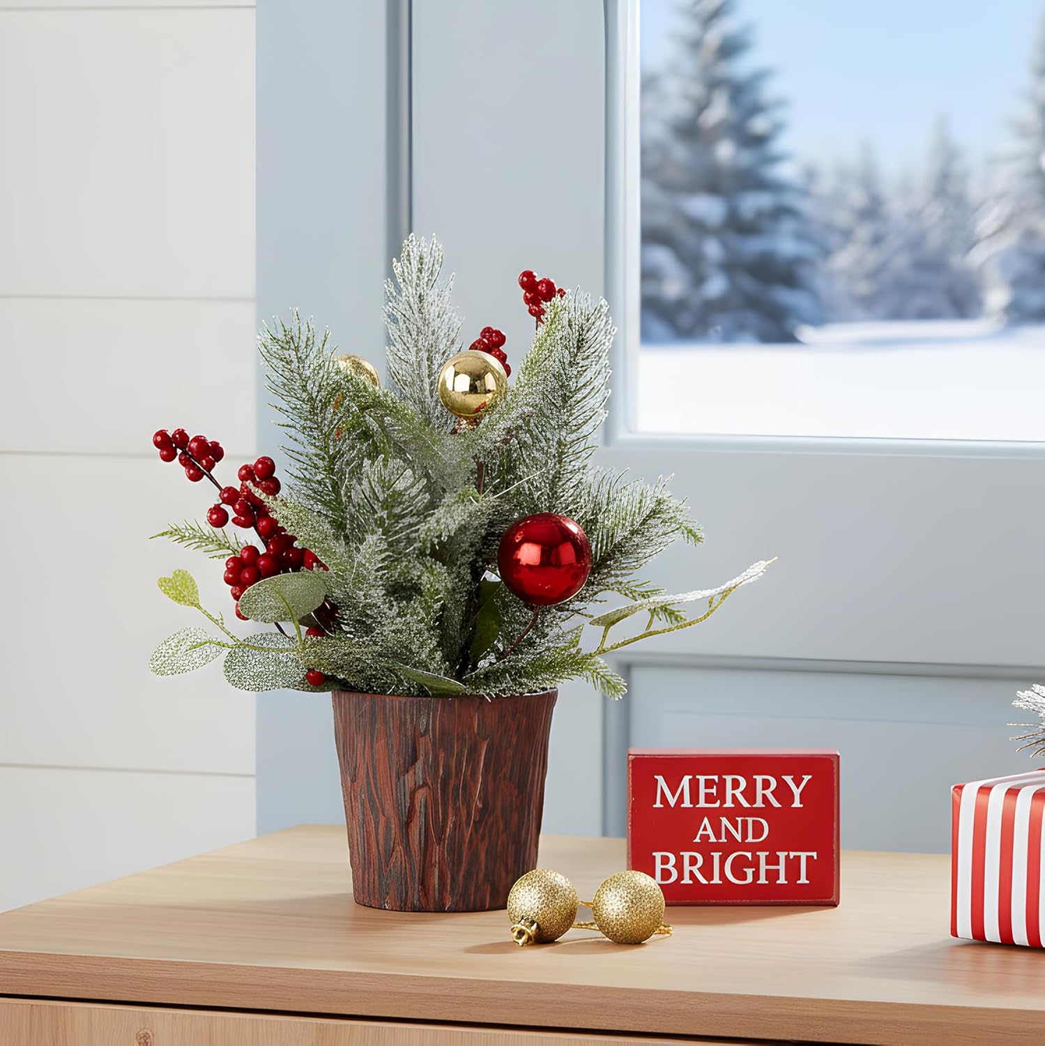 Skiennix Mini Christmas Tree - Tabletop Xmas Tree with Lights & Ornaments | Perfect Holiday Centerpiece