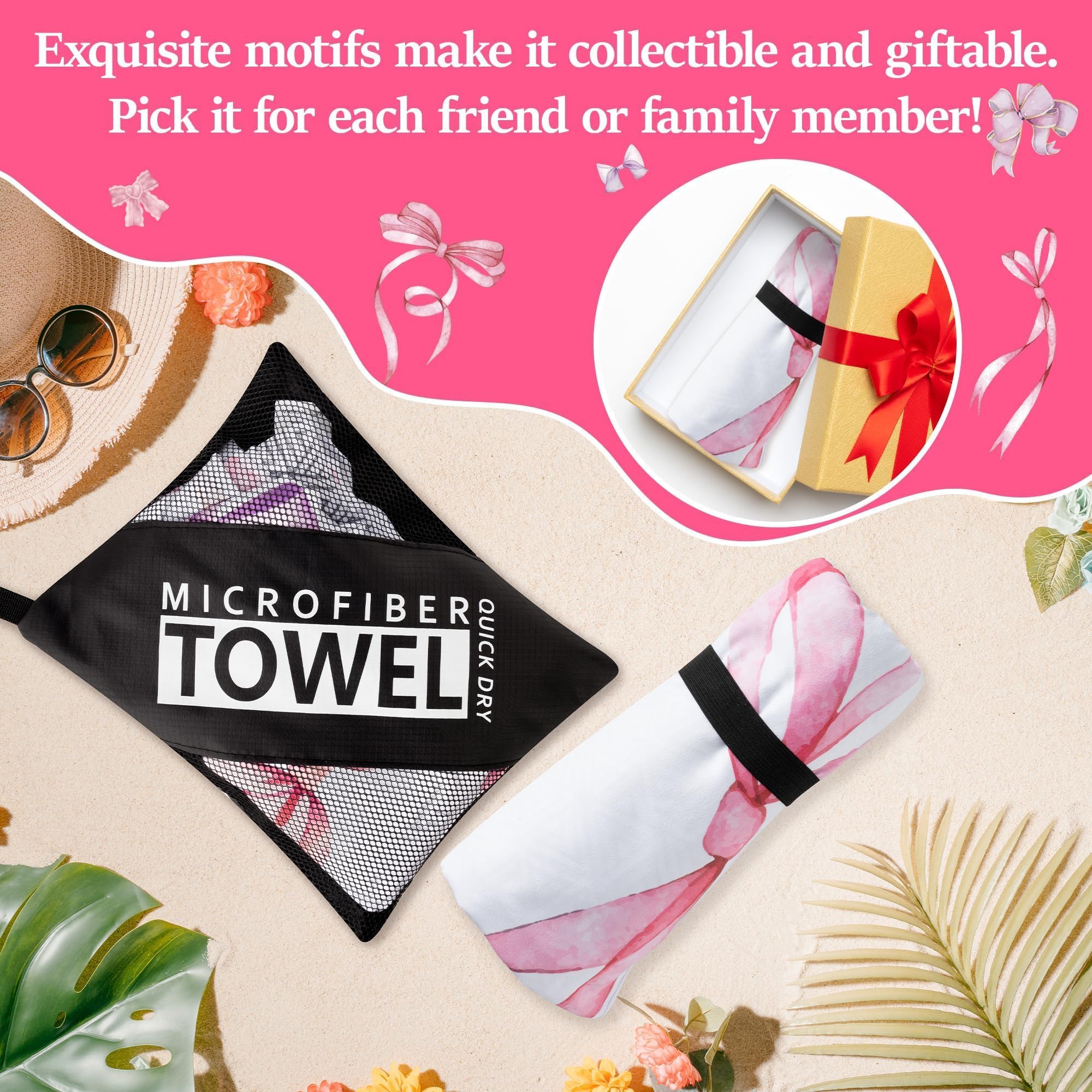 Polka Bow Oversized Beach Towel - Double-Sided Thin Microfiber Lightweight Pool Towel 71"x35" Quick Dry Towel Sand Free Blanket for Bath Sport Travel Beach Swimming Camping for Women Girls