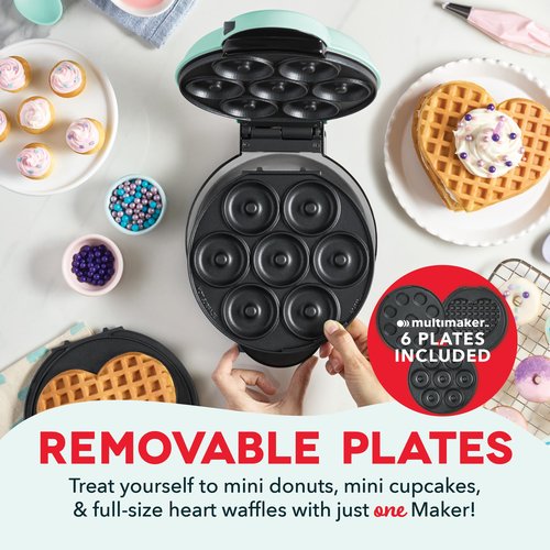 Dash MultiMaker® Treat Maker System - Make Mini Donuts, Cupcakes & Heart-Shaped Waffles - Interchangeable Plate Design - dishwasher safe Parts for Easy Cleanup - Aqua