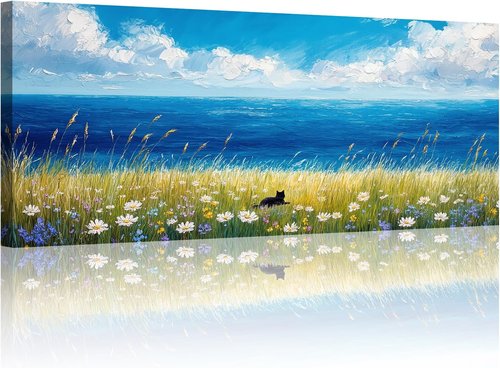 Black Cat Canvas Wall Art - Abstract Beach Floral Prints | Coastal Daisy Flower Artwork 16"x8"