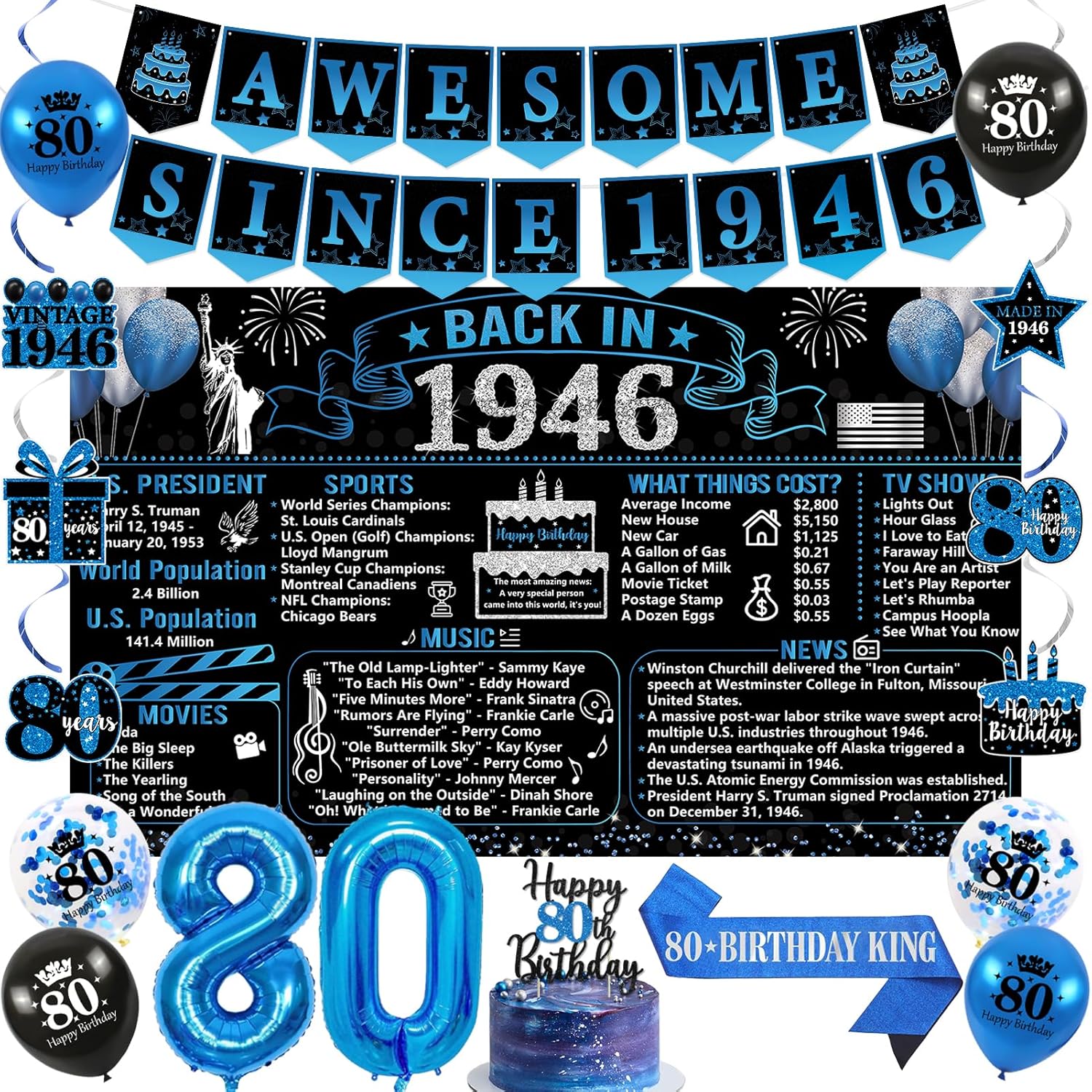 Trgowaul 80th Birthday Decorations - 20PCS Black & Blue Party Supplies Set | Banner, Sash, Cake Topper & Balloons