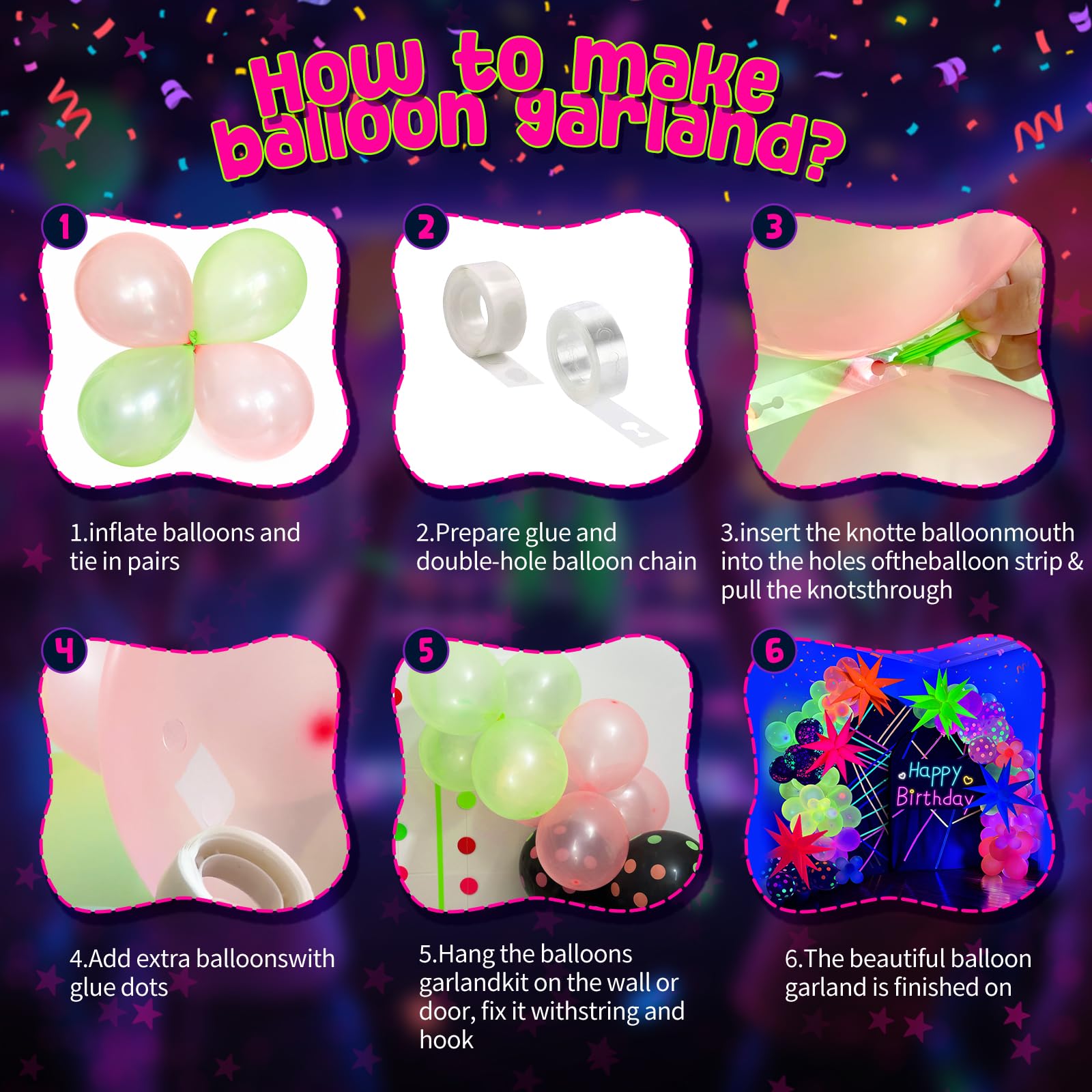 GYIPFIPA UV Neon Balloons, Glow in the Dark Party Supplies Neon Foil Explosion Star Balloon Kit Cone Balloons Glow in the Dark Birthday Decorations for Blacklight Party Decoration