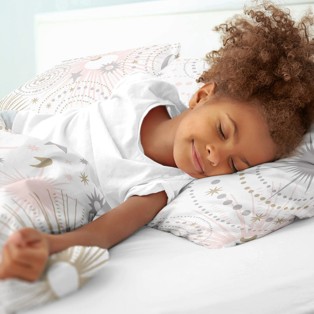 Sweet Jojo Designs Blush Pink, Gold, Grey and White Star and Moon Celestial Girl Full/Queen Kid Childrens Bedding Comforter Set 3 Pieces