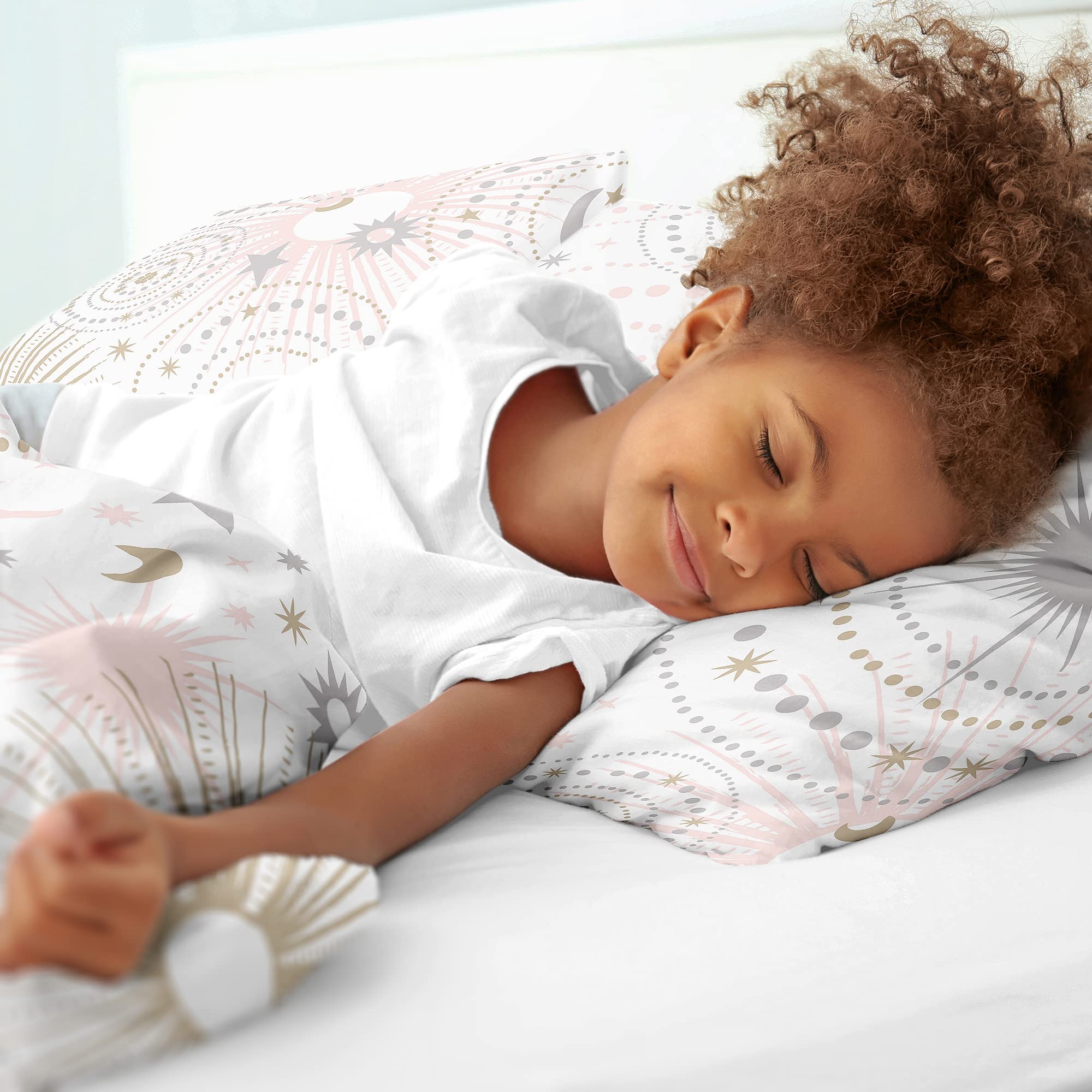 Sweet Jojo Designs Blush Pink, Gold, Grey and White Star and Moon Celestial Girl Full/Queen Kid Childrens Bedding Comforter Set 3 Pieces