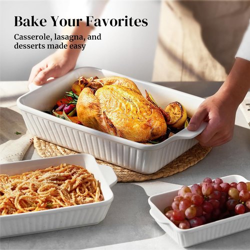 DOWAN Casserole Dishes Set - Ceramic Bakeware for Oven | 3-Piece Deep Lasagna Pan Set in Soft White (15.6''/12.2''/8.9'')
