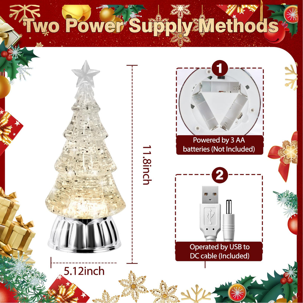 Christmas Tree Snow Globe Lantern with Warm Light 6H Timer Water Snow Globe Lantern USB & Battery Operated for Christmas Festival Decorations Gifts (Silver Tree)