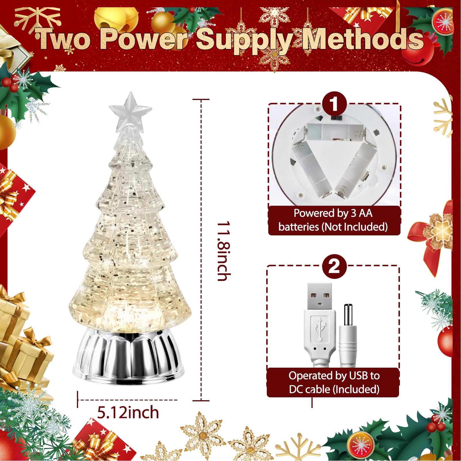 Christmas Tree Snow Globe Lantern with Warm Light 6H Timer Water Snow Globe Lantern USB & Battery Operated for Christmas Festival Decorations Gifts (Silver Tree)