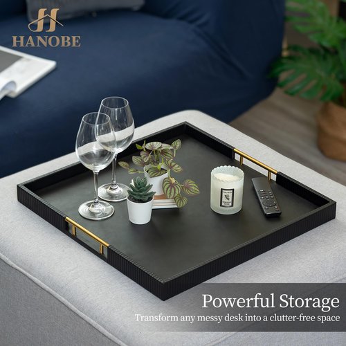 Hanobe Ottoman Coffee Table Tray: Large Decorative Tray Black Leather with Metal Handles for Modern Living Room Home Decor Organized Centerpiece Topper Display Square