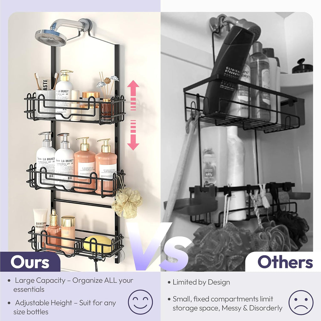 SWTYMIKI Shower Caddy - 3-Tier Rustproof Organizer with Adjustable Baskets & Hooks | No Drill, Black
