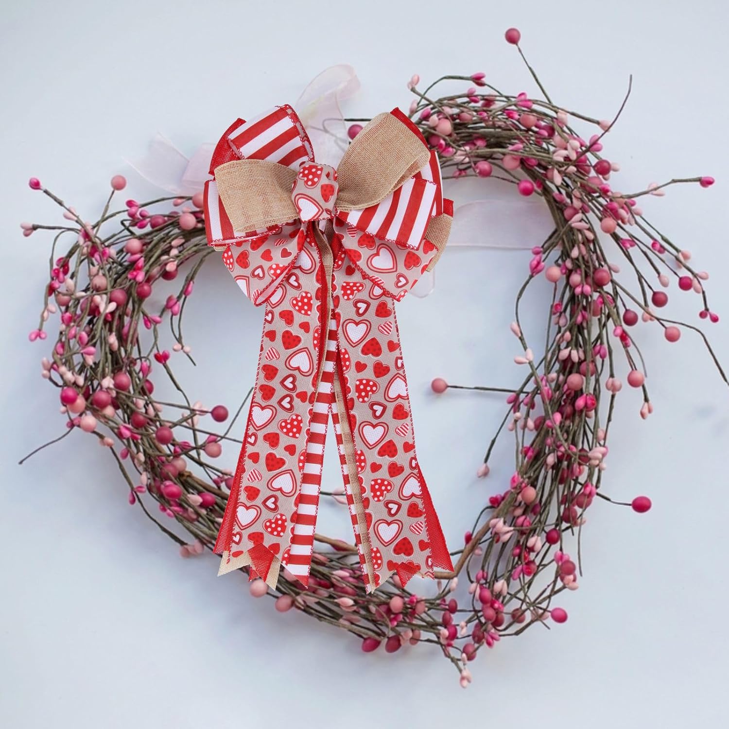 Meseey Valentine's Day Tree Topper Bow - Red Heart Print Burlap Bow for Indoor/Outdoor Decor