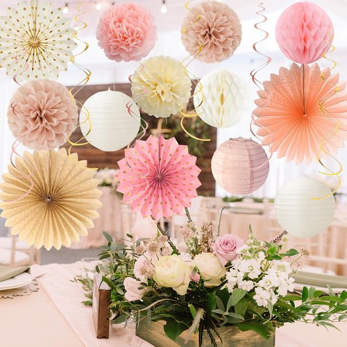 Vlipoeasn Blush Pink Sweet 16 Birthday Decorations for Girls, Retro Beige 16th Birthday Party Decor with Paper Pom Pom, Fan, Lantern, Happy 16 Year Old Party Supplies