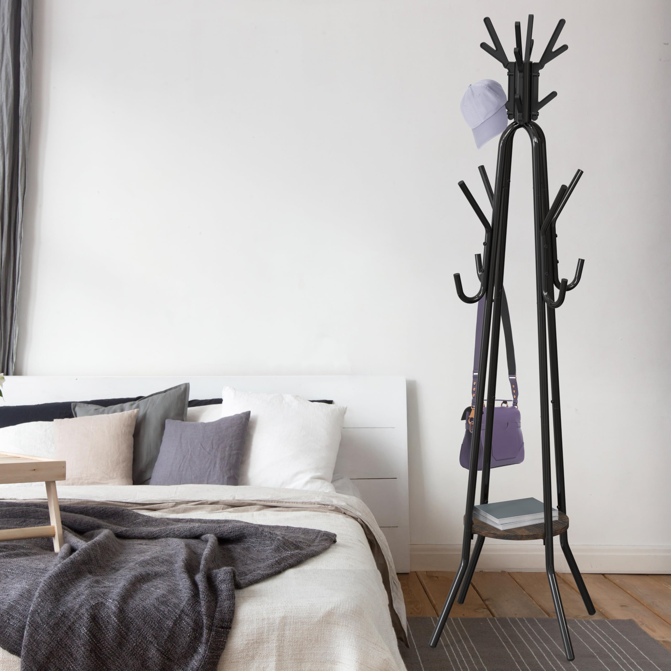 Simple Houseware Standing Coat Hat Hanger Organizer Tree Shaped Rack with Shelf for Entryway, Bedroom, and Hallway, 20 Hooks, Rustic Brown