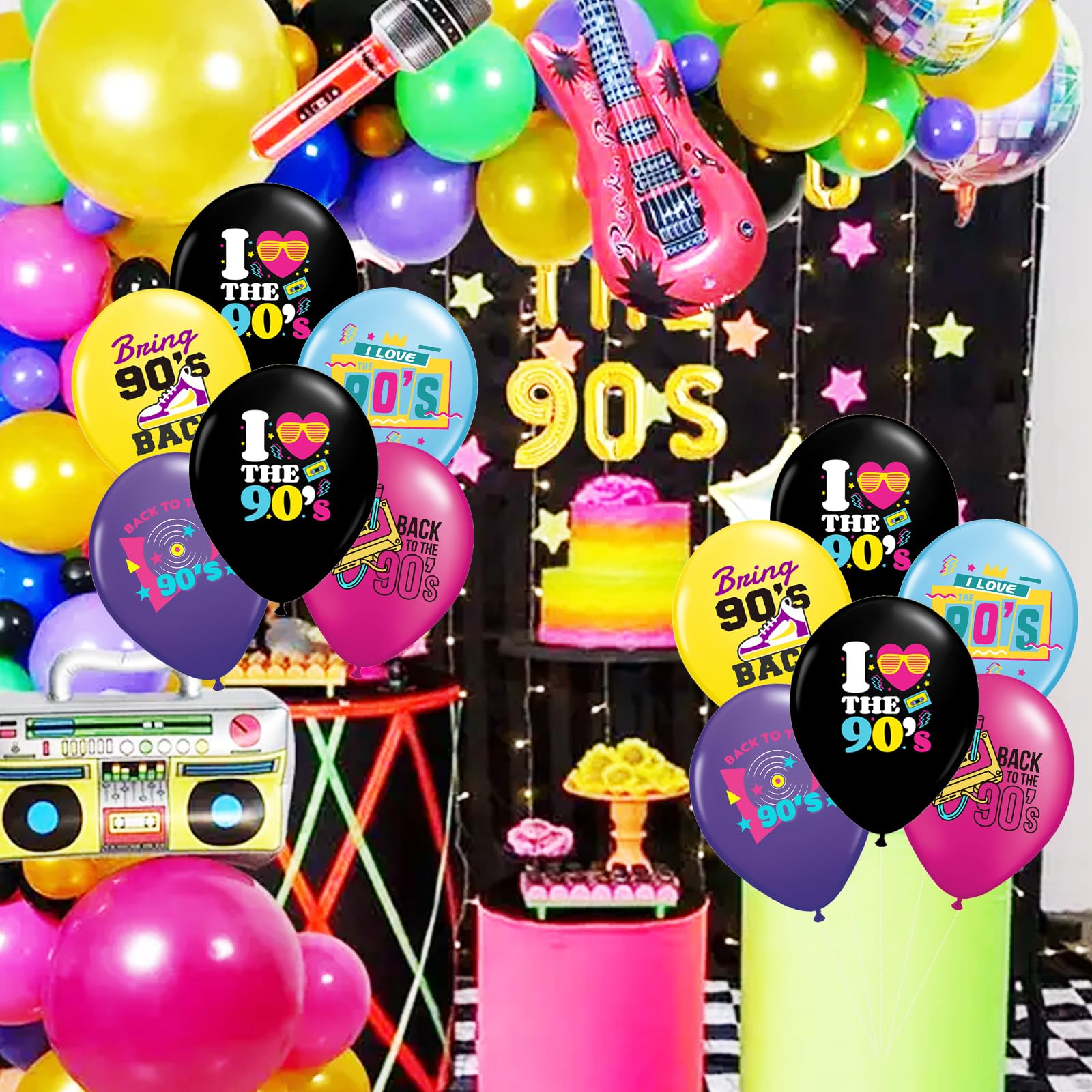 90s Balloons 30 Pcs Back to The 90's Balloon Retro Radio Boombox CD Neon Balloon for 90's Hip Hop, Rock and Roll Party, Throwback Birthday Decor, 90s Party Decorations