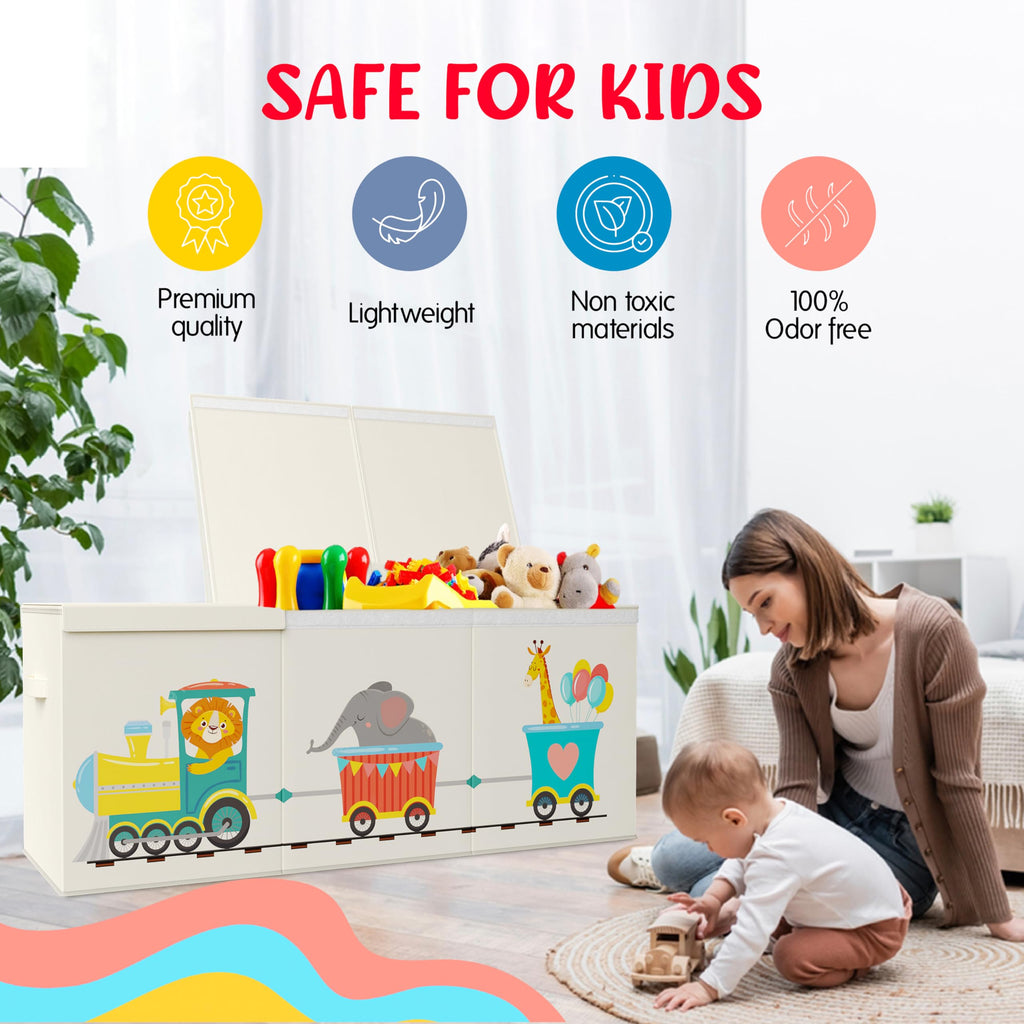 Rossoff Extra Large Collapsible Sturdy Toy Storage Organizer with Lids, Animal Train Toy Box for Boys Girls, 40"x16"x16", Modern, Beige
