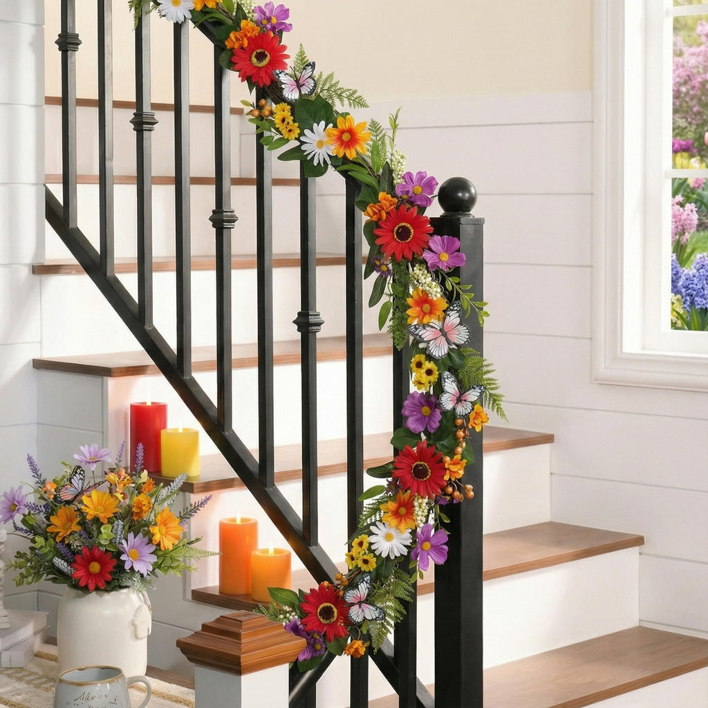 Valery Madelyn 6FT Spring Garland for Mantle, Artificial Flower Garland with Daisy Leaves Butterfly for Home, Fireplace Garland with Lights Backdrop Decor