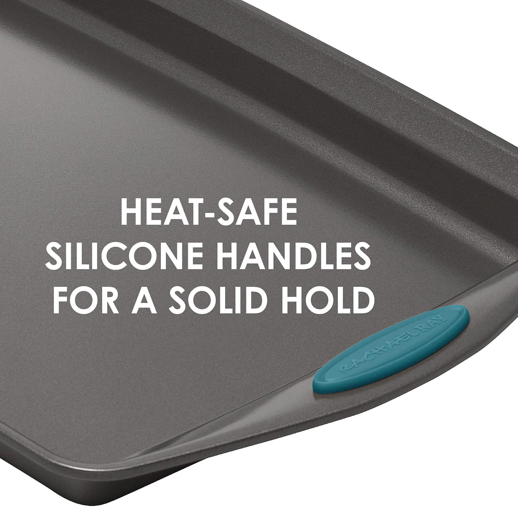 Rachael Ray 47021 Nonstick Bakeware Set with Grips includes Nonstick Baking Pans, Baking Sheet and Nonstick Bread Pan - 5 Piece, Gray with Marine Blue Handles