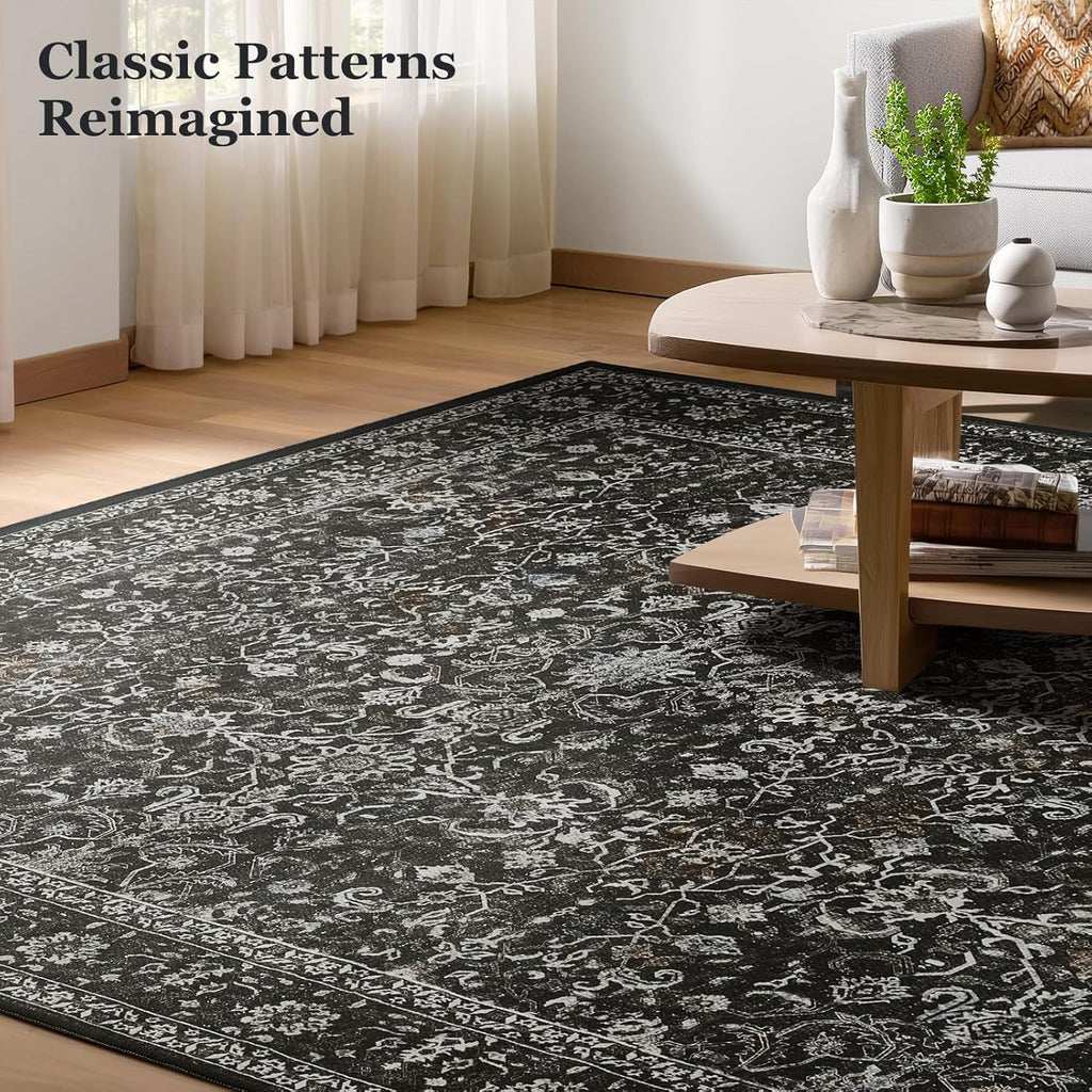 Skiennix Dark 5x7 Area Rug - Washable Non-Slip Soft Carpet for Living Room & Bedroom | Vintage Earth Tones