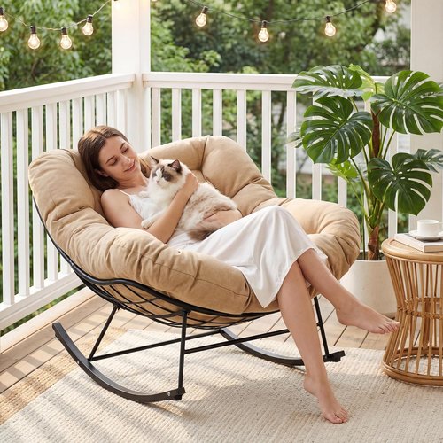 JEAREY Oversized Papasan Rocking Chair - Comfy Egg Chair for Patio, Garden, Living Room | Beige
