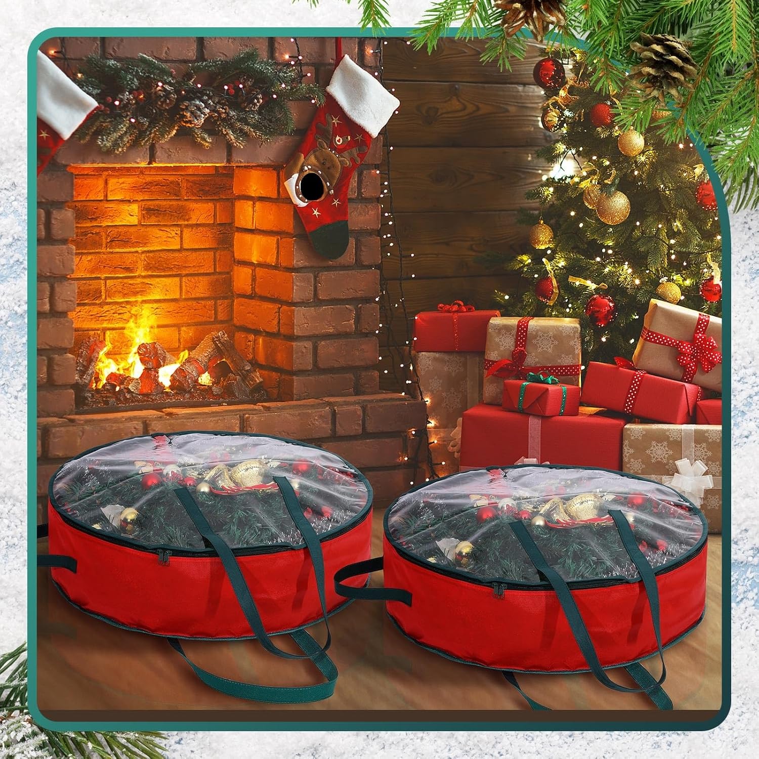 Shappy Wreath Storage Bag - 4 Pcs Red Clear Box with Window & Handle for Holiday Decor | 24 Inch