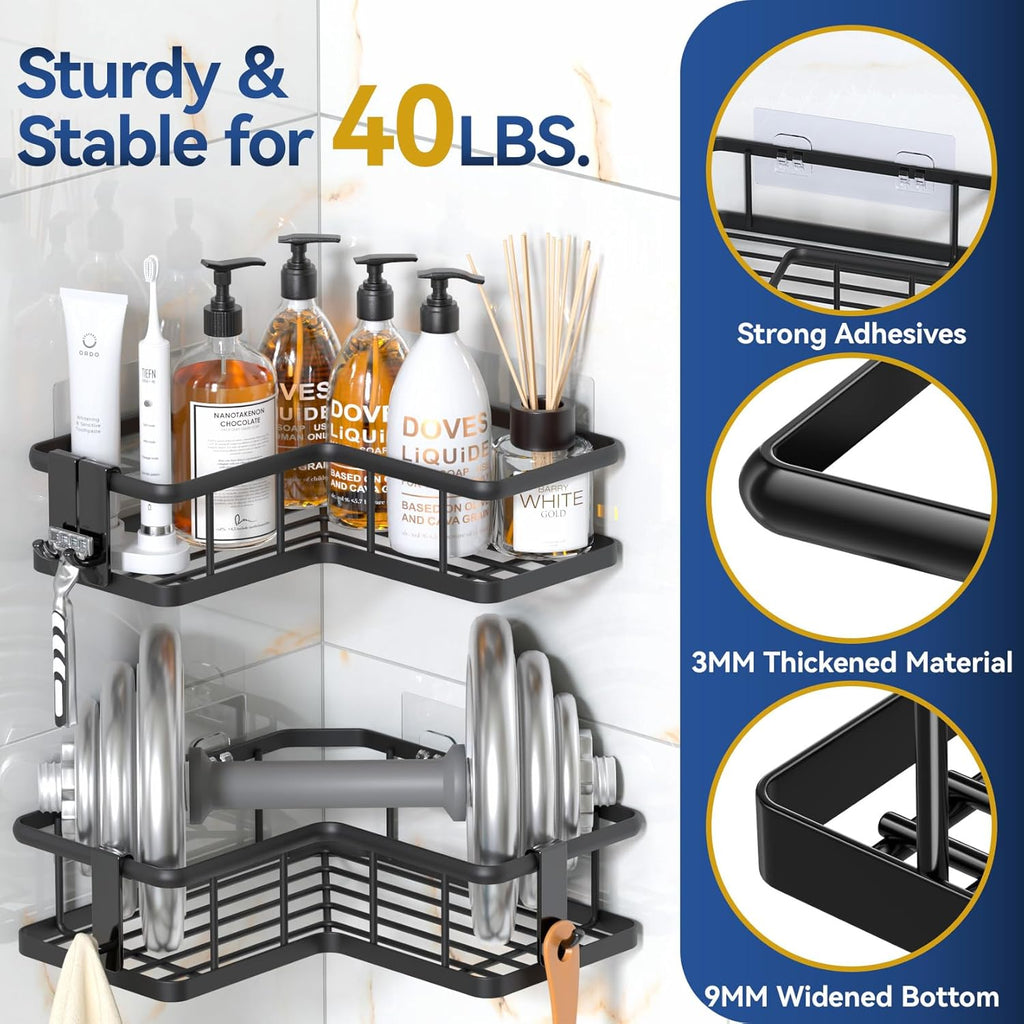 YASONIC Corner Shower Caddy - 5-Pack Adhesive Rustproof Stainless Steel Organizer | No-Drill Shelf, Black