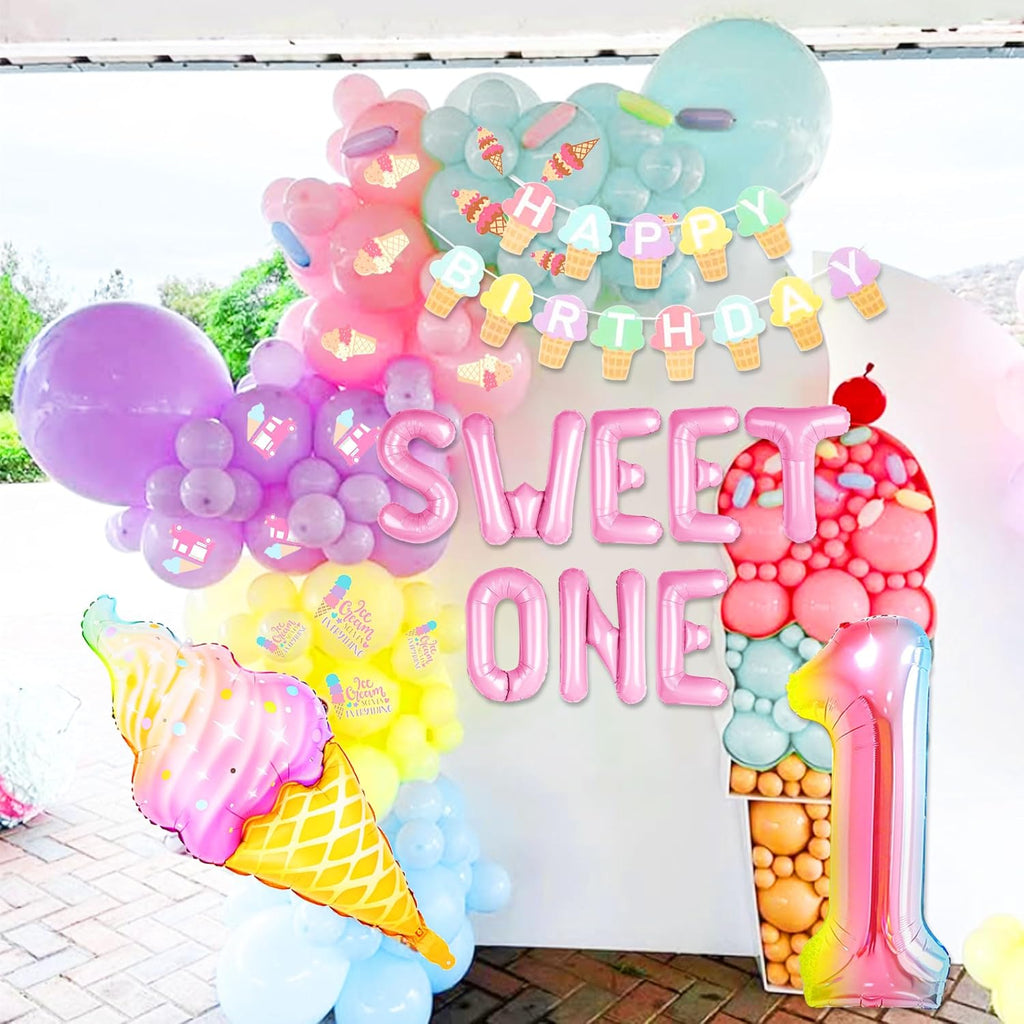 Sweet One 1st Birthday Decorations for Girls - Donut & Ice Cream Theme Party Supplies Set
