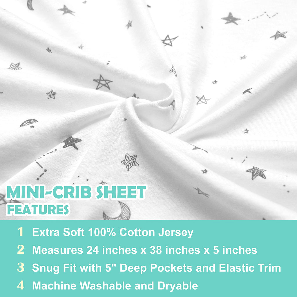 American Baby Company 3 Pack 100% Natural Cotton Fitted Mini Crib Sheets 38" x 24" - Soft & Breathable Small Nesting Portable Sheets, Fits Pack N Play Mattresses, Gray Star/Zigzag, for Boys & Girls