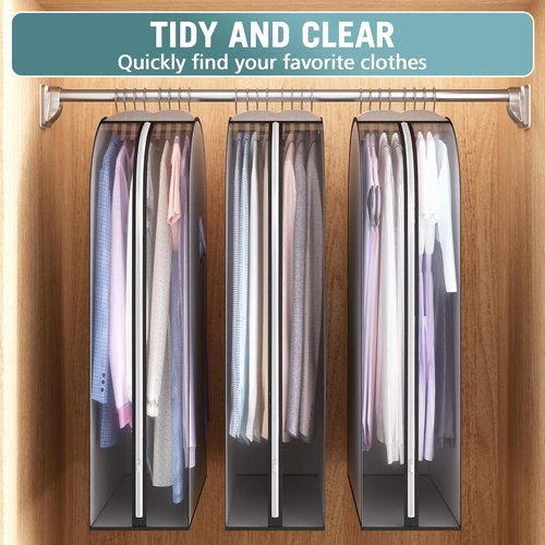 Liuoud 10" Gusseted Garment Bags - 40" Suit Bags with Clear Side Cover for Clothes Storage | 3-Pack, Grey