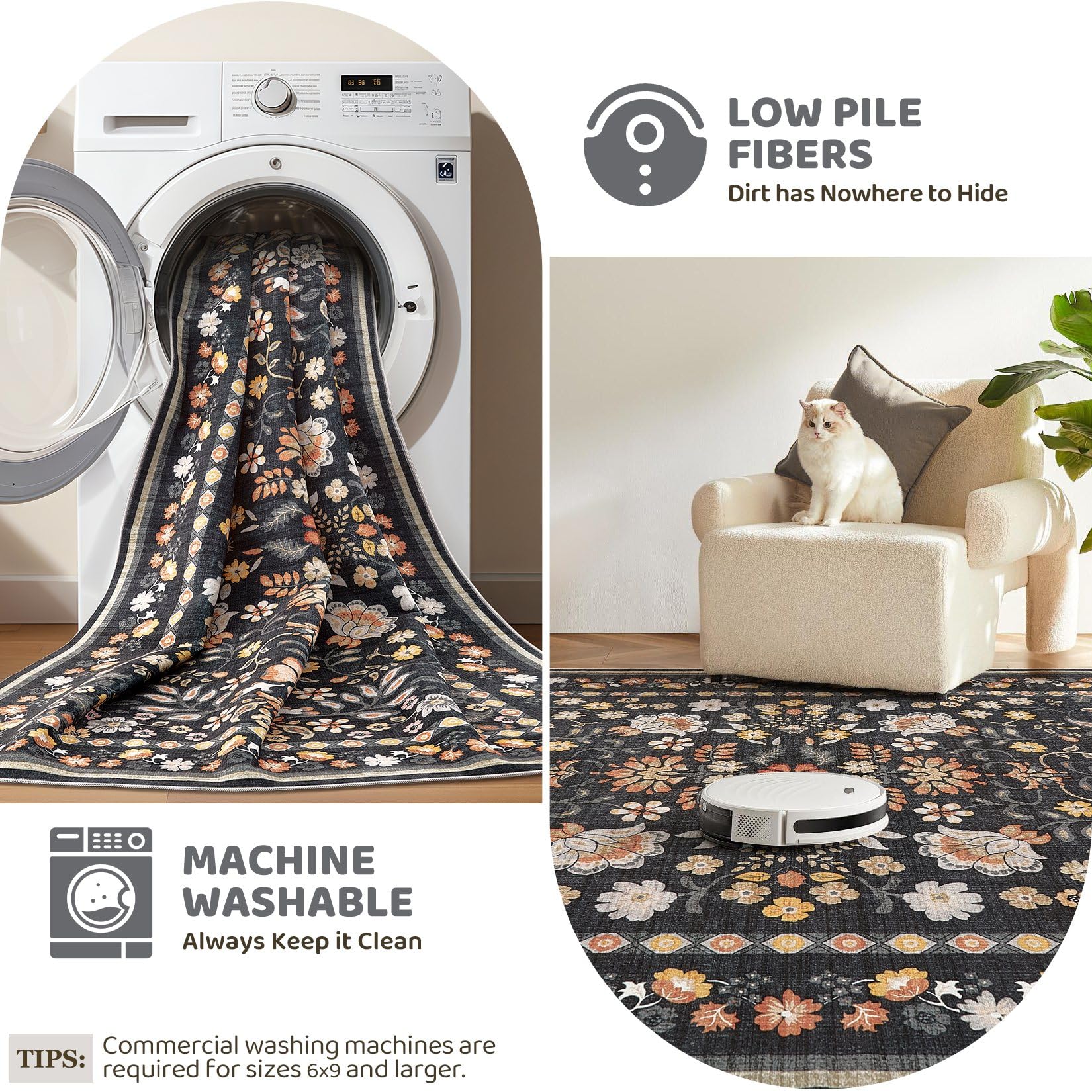 UERMEI Runner Rug for Hallways Kitchen: 2x6 Washable Area Rug Boho Floral Soft Long Rug - Non-Slip Low Pile Throw Indoor Carpet for Entryway Kitchen Bedroom Laundry Bathroom - Black Grey
