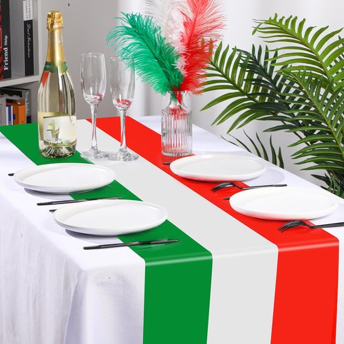 Hotop 3 Pcs Italian Flag Table Runners Plastic Italy Table Runner 14 x 108 Inch Red Green and White Striped Table Runner Disposable Italian Flag Table Decoration for Home Room Kitchen Party Supplies