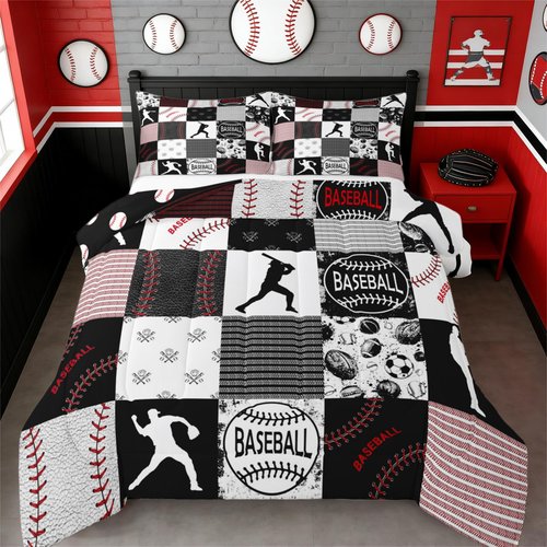 Erosebridal Kids Baseball Comforter Set Full Softball Boys Bedding Set Sports Game Quilted Comforter for Boys Patchwork Down Comforter Baseball Gift Duvet Insert for Teens, Red Black Gray