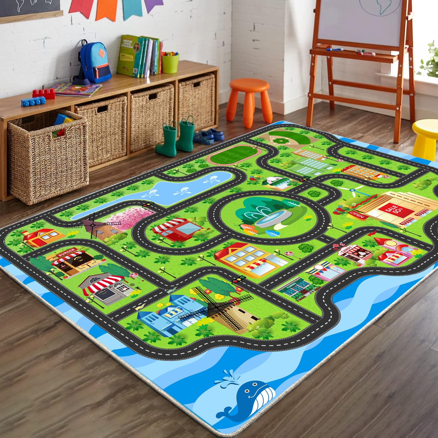 nanshiba Car Rug,Kids Play Rug with Roads,Playroom Toy Car Rug, Car Track Rug City Map for Bedroom Classroom - (78.7X59 Inches)