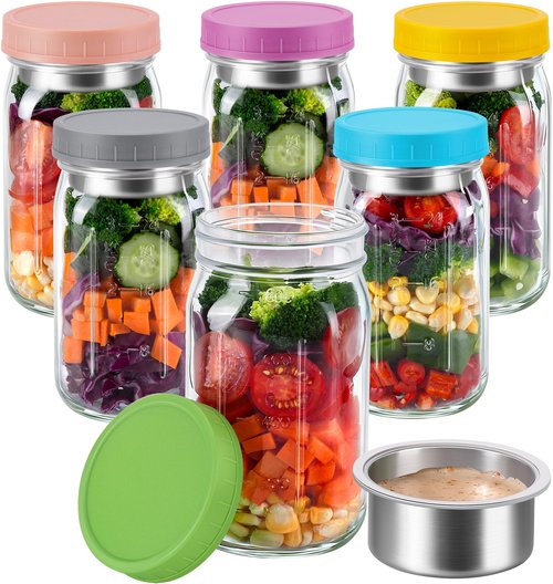 KTKUDY 6 Pack 32 oz Glass Salad Jars with Dressing Cups (Pod) - Meal Prep Salad Container for Lunch - Leakproof Mason Jars with Lids