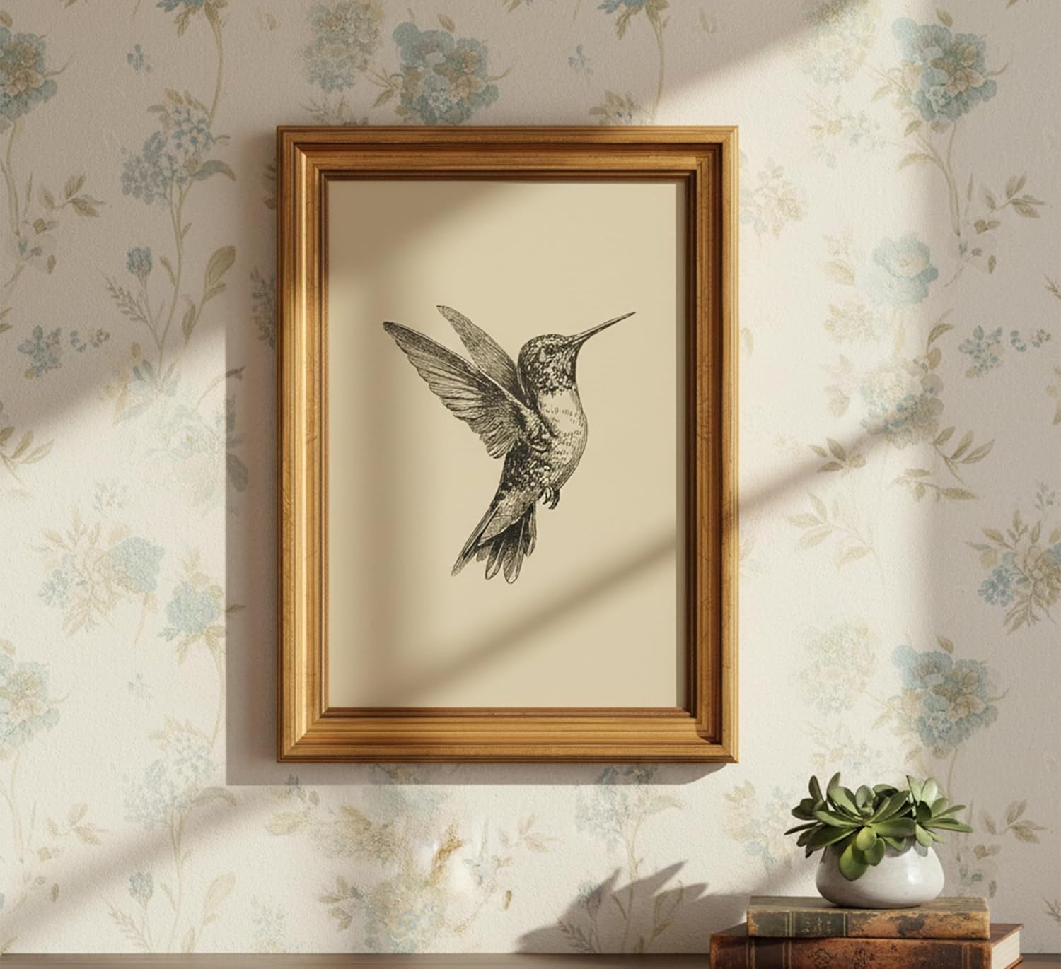 MDHFJEAW Vintage Gold Framed Hummingbird Wall Art - Retro Black & White Canvas Print, 12x16 In