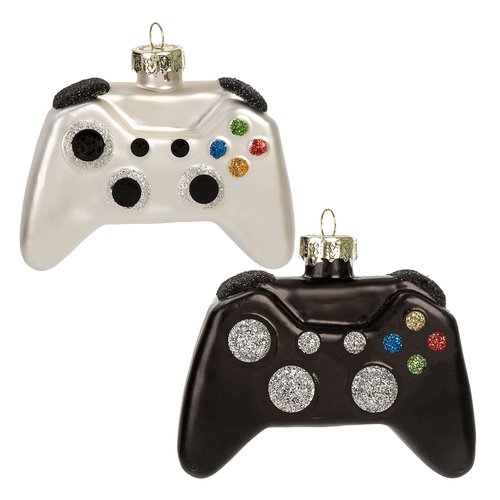 JOYIN Christmas Video Game Controller Small Glass Ornament, 2 pcs Mini Black and White Glass Blown Set Handcrafted for Tree Hanging Ornament Outdoor Christmas Decorations Indoor