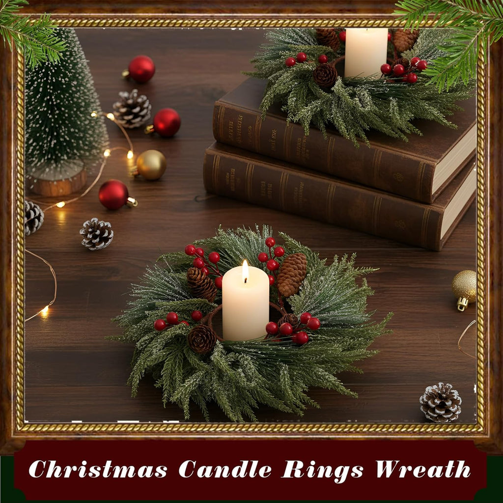 Suncalla Christmas Candle Rings - 8 Pcs Artificial Red Berry Wreaths for Festive Home Decor