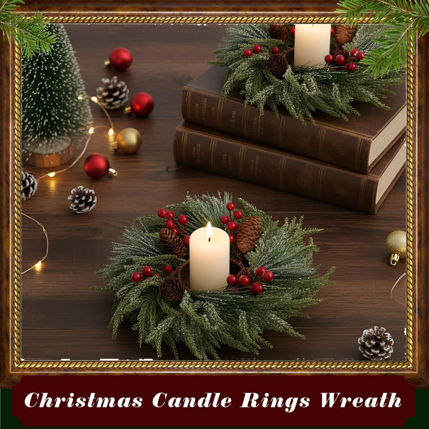 Suncalla Christmas Candle Rings - 8 Pcs Artificial Red Berry Wreaths for Festive Home Decor