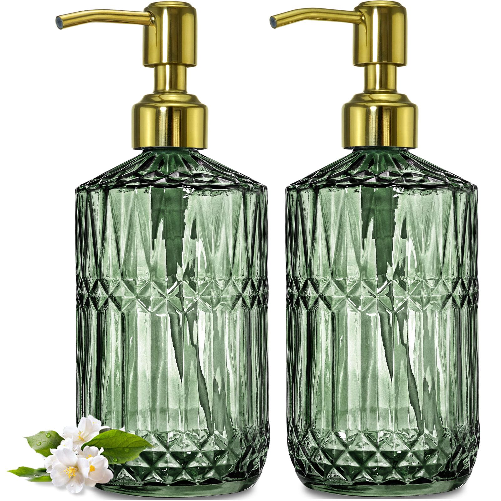 JASAI 2Pack 18Oz Green Glass Soap Dispenser with Gold Rust Proof Pump, Refillable Dish Soap Dispenser for Kitchen, Bathroom Soap Dispenser for Hand soap, Lotion, Body Wash, Dish Soap.