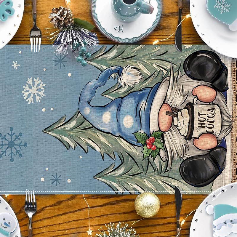 Winter Blue Gnome Table Runner 13" x 90" – Pine Tree Snowflake Hot Cocoa – Variation: Winter Blue Gnome+Table Runner