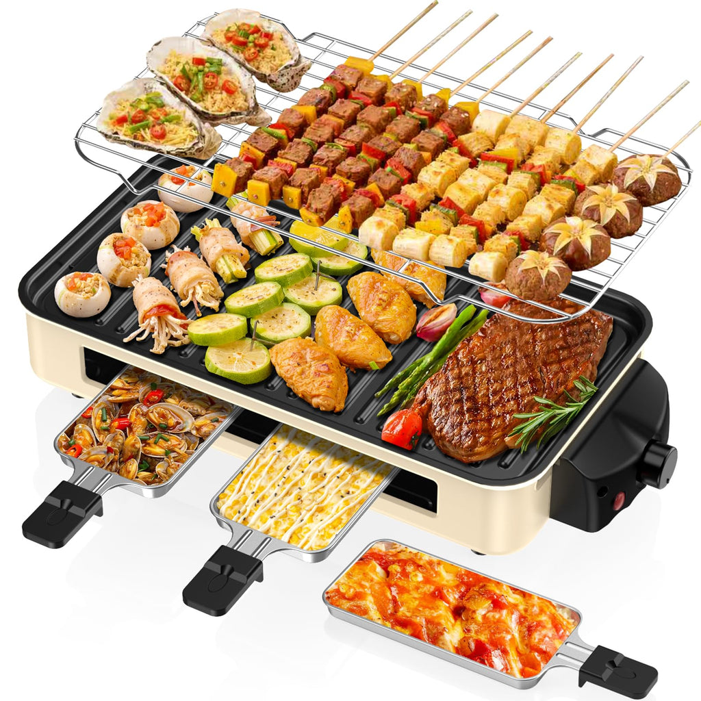 Electric Indoor Grill 1500W -2 in 1 Smokeless Indoor Grill for Kitchen with Non-stick Removable Grill & Griddle Plate,Temperature Control Korean BBQ Grill with 3 Cheese Pans Dishwasher Safe
