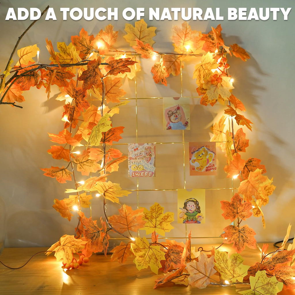 suddus Fall Leaves Garland with Lights, 20LED Battery Operated Fall Lights with Timer, Thanksgiving Decoration for Home, Table, Mantle, Office, Outdoor, Autumn, Halloween, Yellow