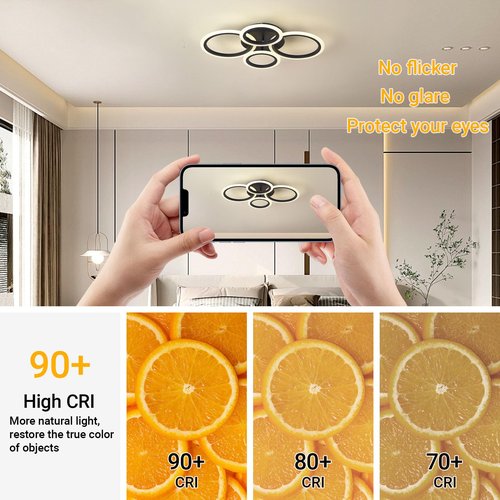 SYZXSP Modern LED Ceiling Light Fixture 22 inch 36W 3000LM 3000-6500K Dimmable with Remote Control Flush Mount Ceiling Light for Bedroom, Kitchen, Living Room, Dining Room (4 Ring, Black)