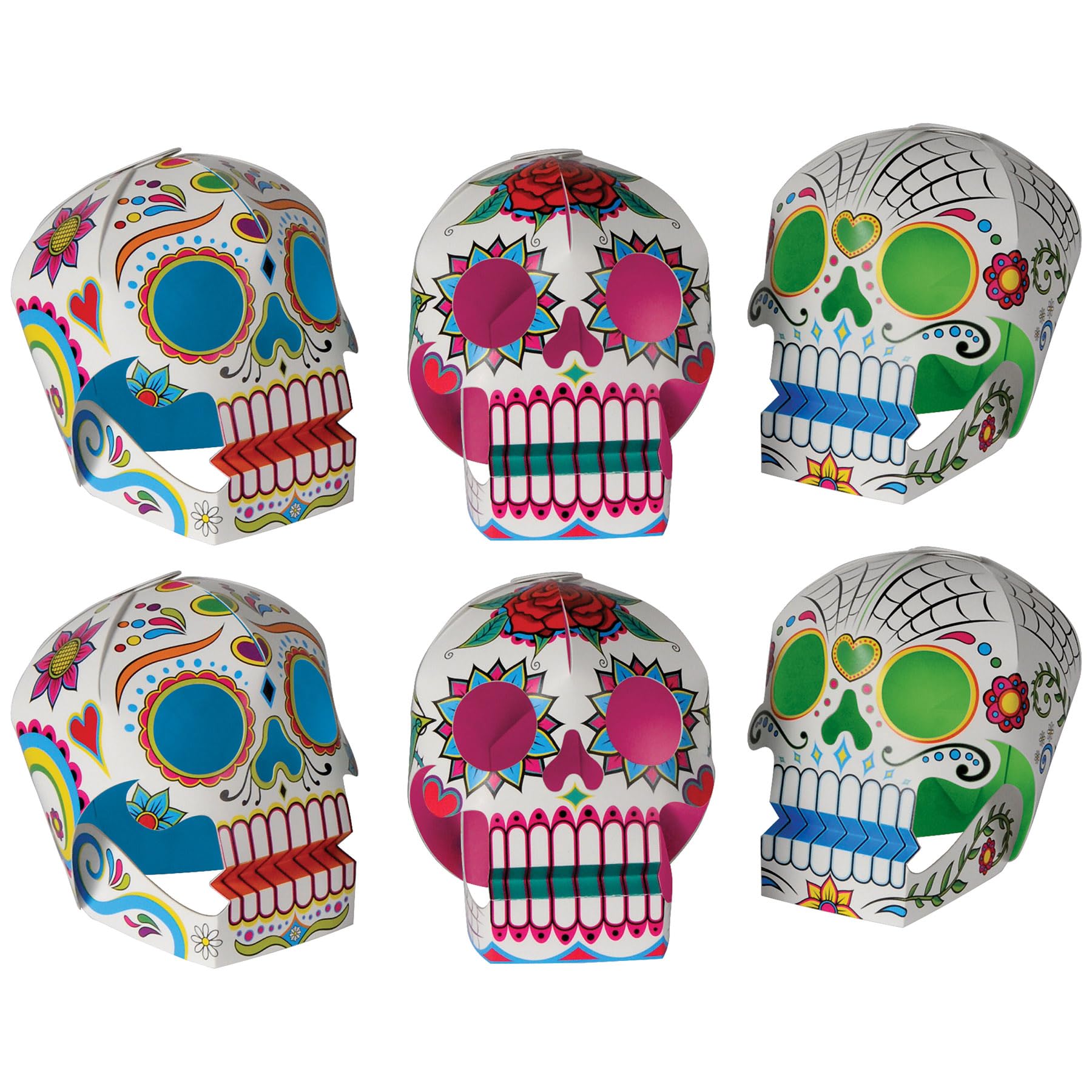 Beistle 6 Piece Three Dimensional Sugar Skull Day Of The Dead Centerpieces - Eye-Catching Dia De Los Muertos Party Decorations, Made In USA Since 1900
