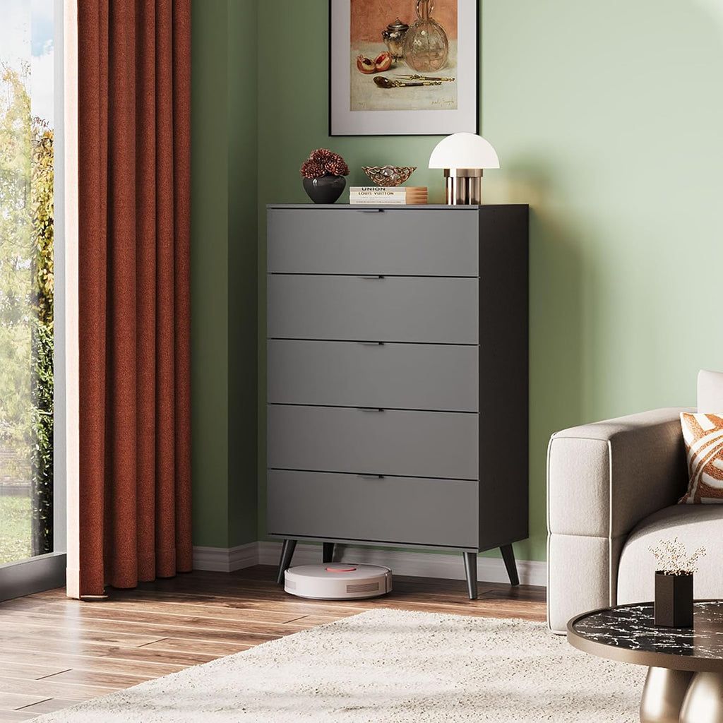 WLIVE 5 Drawer Dresser - Tall Wooden Storage Organizer with Sturdy Metal Handles | Black Finish for Bedroom & Living Room