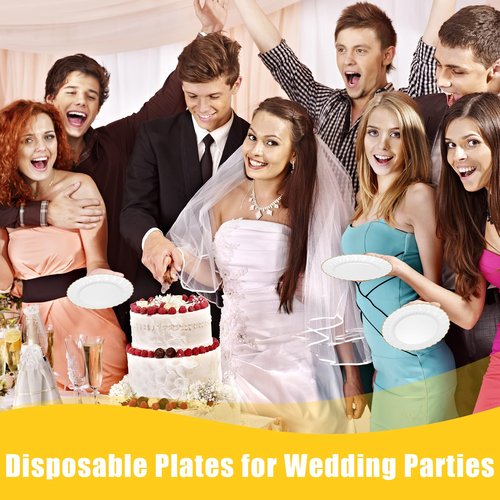 Hushee 100 Pcs Plastic Plates with Gold Trim 6'' Small Round Disposable Vintage Dessert Plates for Party Birthday Buffet Wedding Catering Celebration Reception (White)