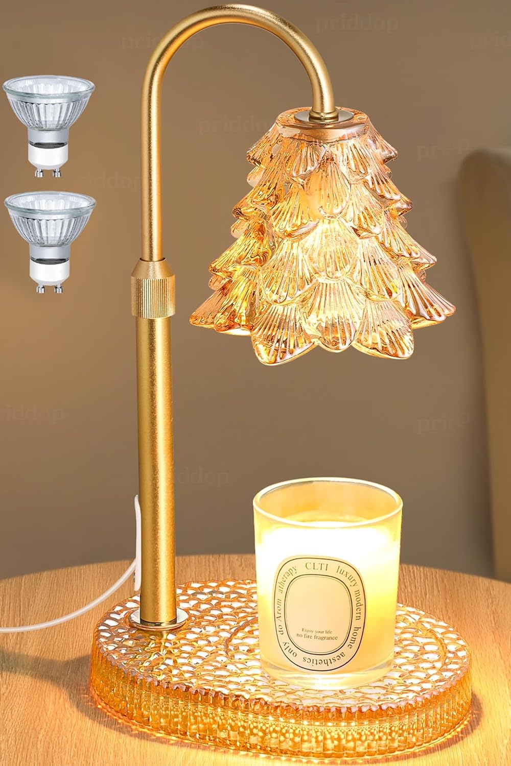 Priddop Candle Warmer Lamp - Dimmable Wax Melt Warmer with Adjustable Height & Timer | Amber Glass Base