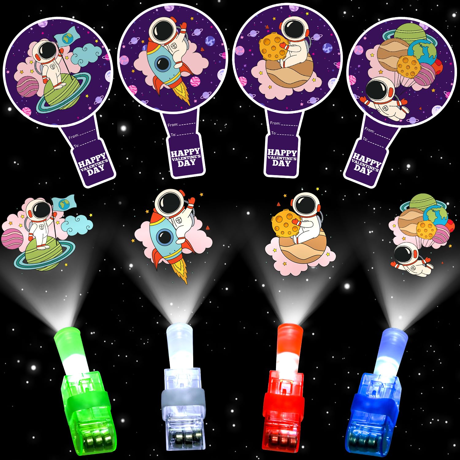 MOVINPE Valentines Day Exchange Gifts for Kids Classroom, 28 Packs Finger Lights with Valentines Cards - Light Up Finger Flashlights Valentine Day Gifts School Party Favors Class Prizes Bulk Space