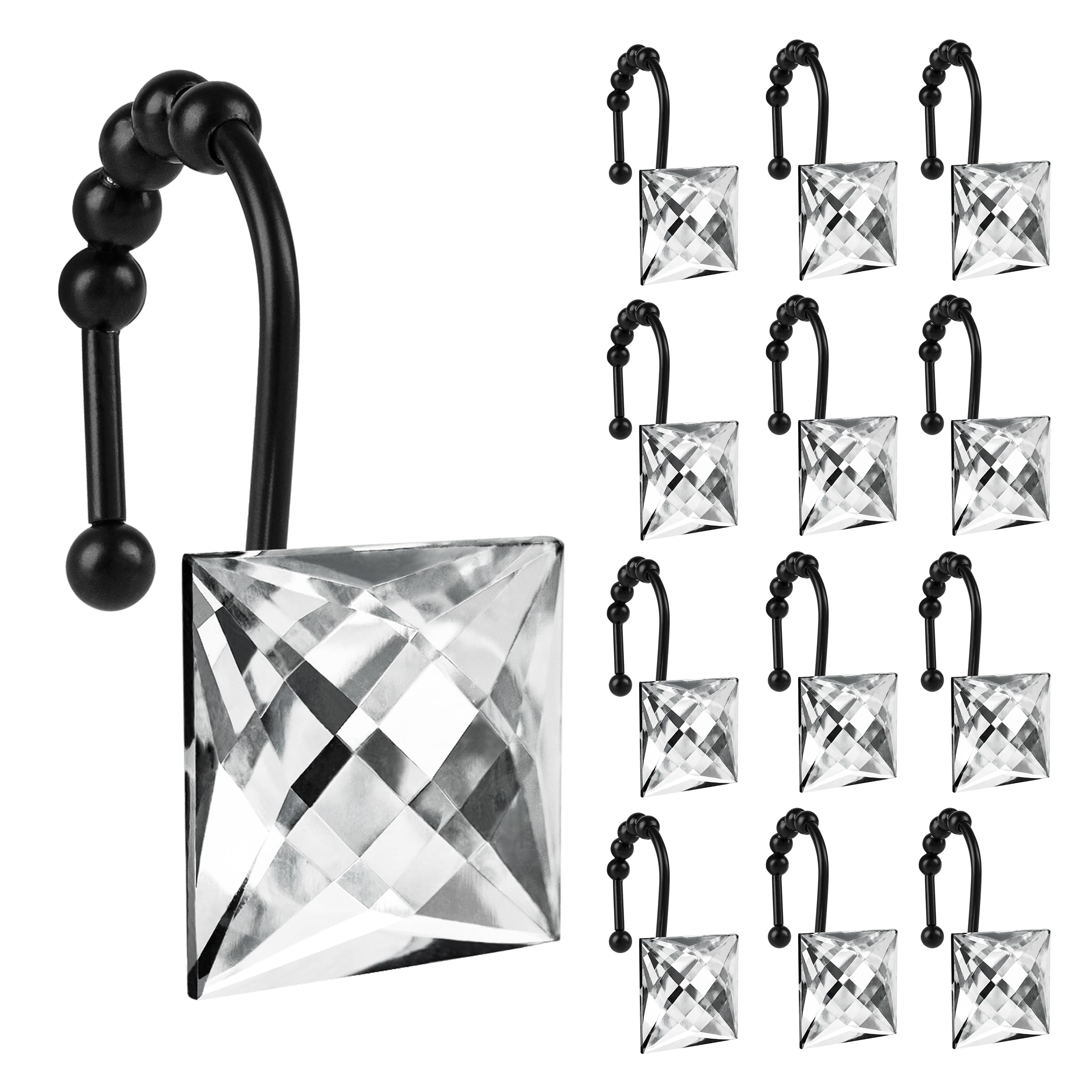 Sunlit Luxury Design Square Clear Diamond Crystal Gem Bling with Glide Balls Shower Curtain Hooks, Rust Proof Metal Rhinestones Glam Shower Curtain Rings with Black Hooks, Set of 12