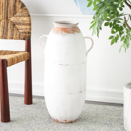 Deco 79 Metal Decorative Vase Antique Style Centerpiece Vase with Terracotta Accents and Handles, Flower Vase for Home Decoration 16" x 12" x 28", White
